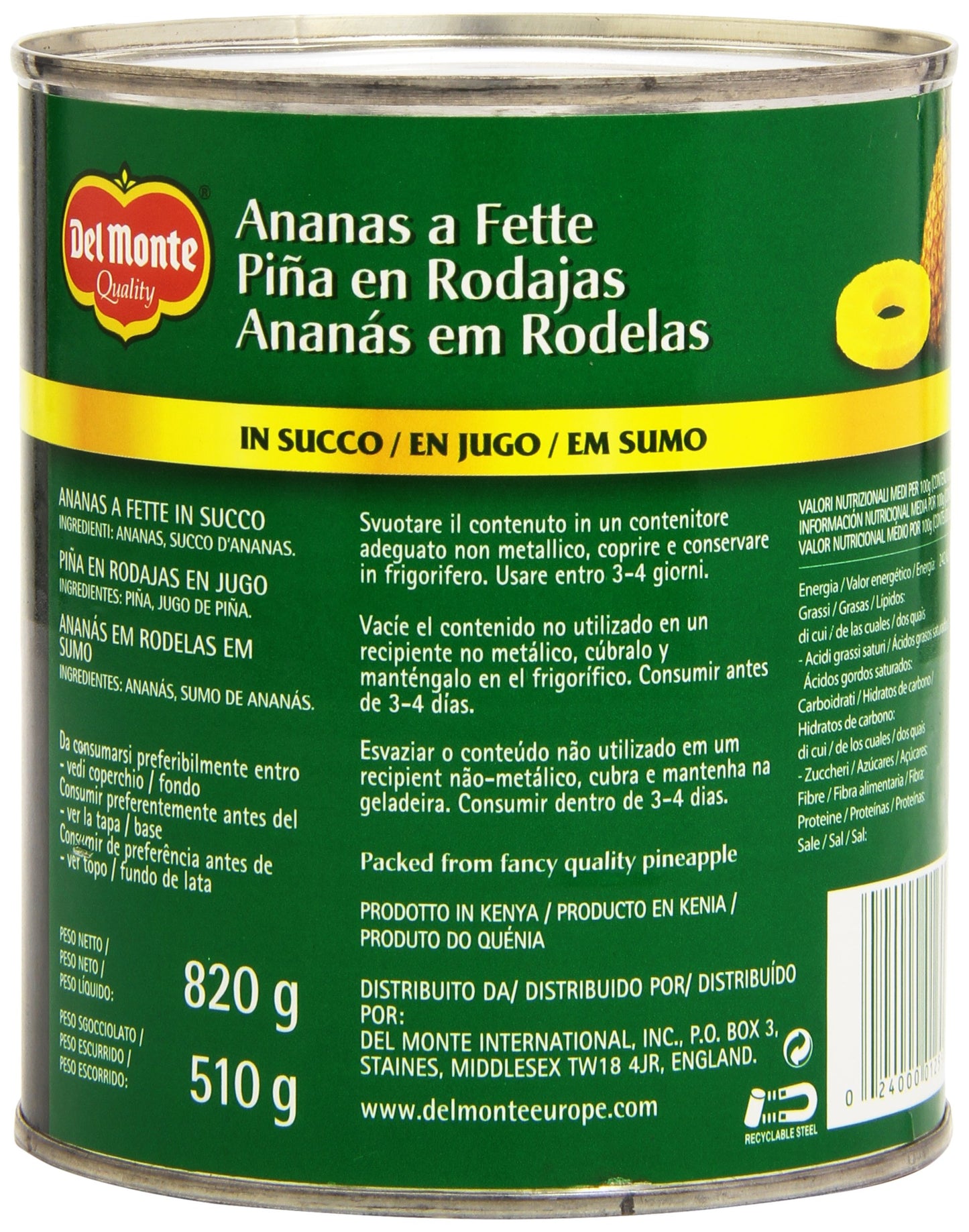 Del Monte Piña Rodajas en Jugo, 510g