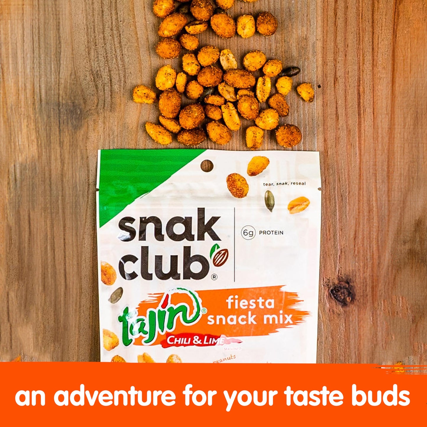 Snak Club Tajin Fiesta Snack Mix Chilli Lime Peanuts Pepitas y Maíz Snacks crujientes Sabor suave Bolsa resellable de 11 onzas
