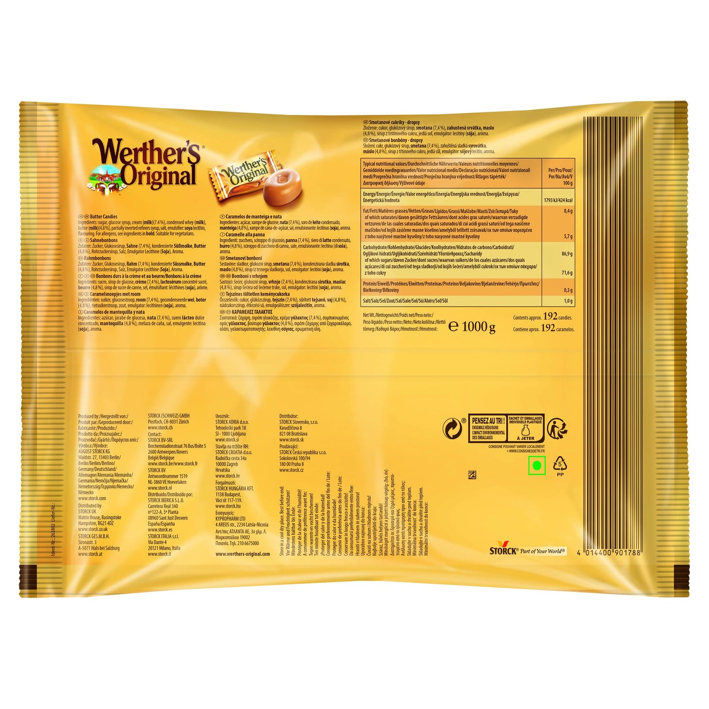 Werther's Original Cream Candies (1 kg), caramelos duros clásicos de mantequilla y nata fresca, toffees dulces y cremosos, caramelo sin gluten con sabor a crema