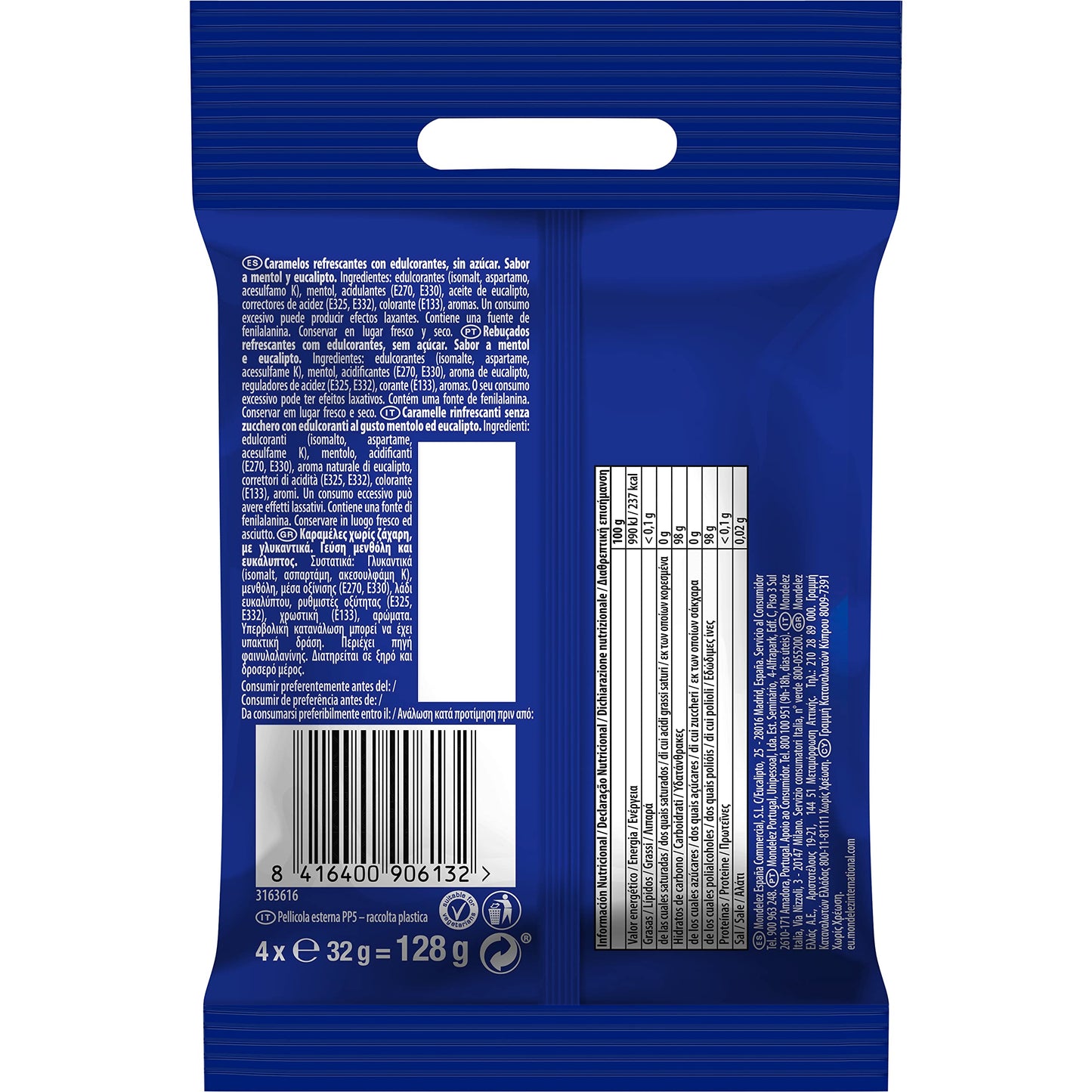 Halls Original Caramelos Sabor Eucalipto, Sin Azúcar, Paquete de 4 x 32 g